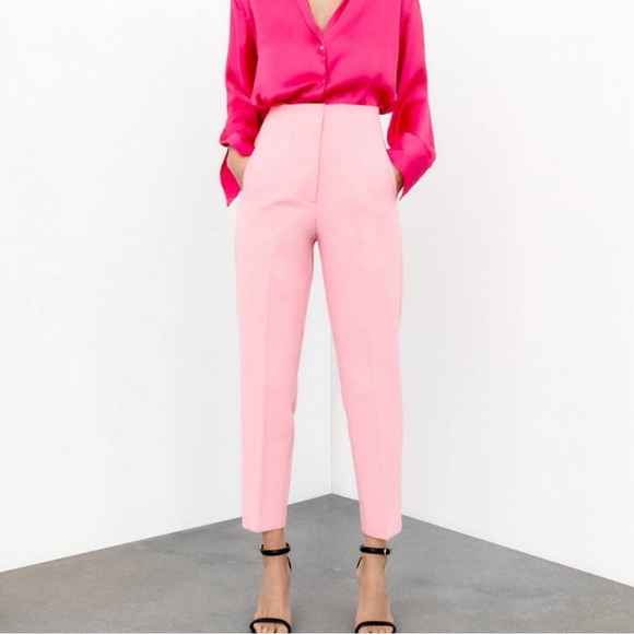 NWT ZARA HIGH-WAISTED PANTS in BUBBLE GUM - Picture 2 of 9